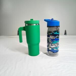 HydraPeak Insulated Travel Mug Green w/ Handle Flip Lid + Shark Water Bottle